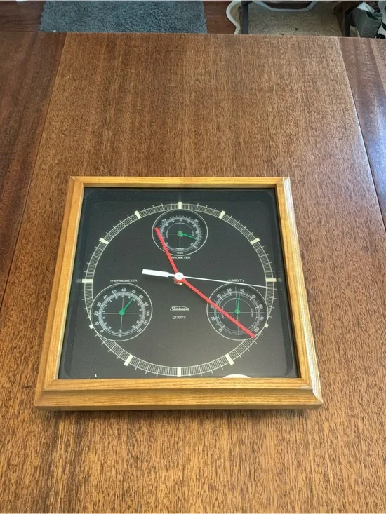 VTG Sunbeam Black Dial Wall Clock/Humidity/Barom. with Wood Frame and Red Hands