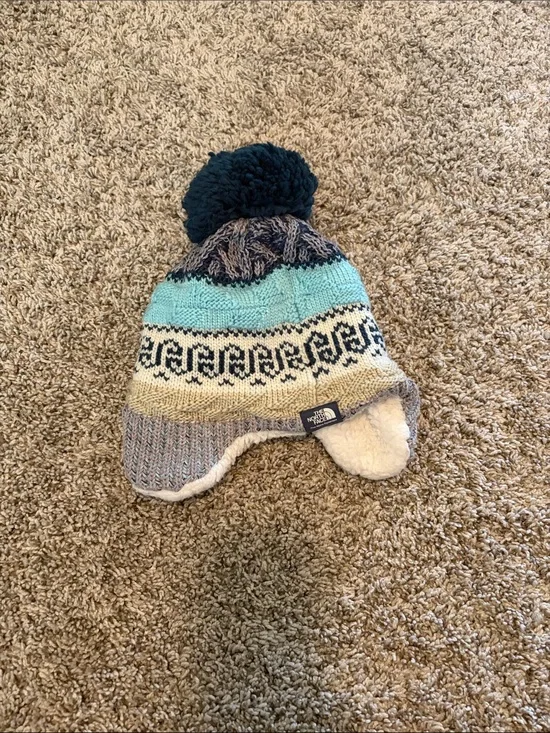 The North Face Kids Earflap Beanie - Teal, Navy & Cream