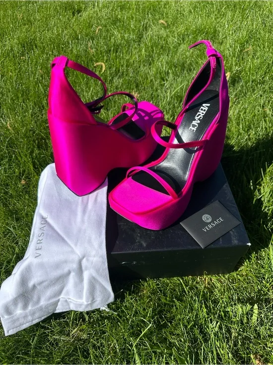 Versace Hot Pink Platform Wedge Sandals with Ankle Straps