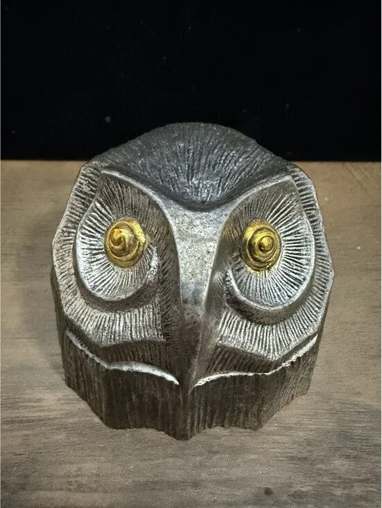 Japanese Mid-Century Chrome and Brass Plated  Owl's Head Alarm Clock Running BW