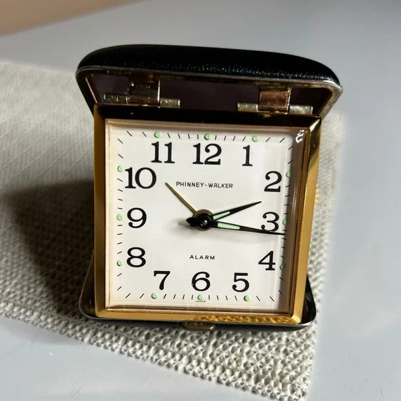 Phinney-Walker Vintage Travel Alarm Clock Black Gold‎ Folding Case Made in Japan