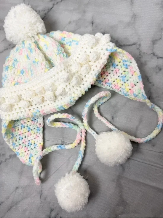 Pastel Crochet Pom Pom Earflap Beanie Hat Baby/Toddler Photoshoots Winter Cozy
