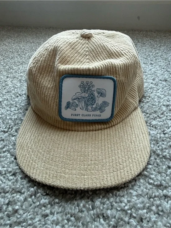 Beige Corduroy Cap with Mushroom Patch