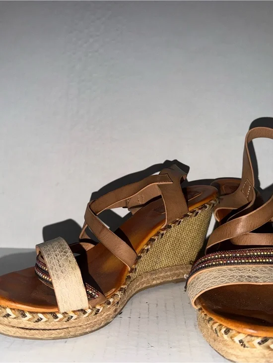 Brown Strappy Wedge Sandals with Braided Espadrille Sole