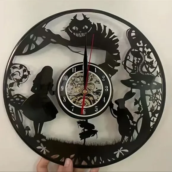 Alice in Wonderland 12”Black Lp wall clock . Battery  operated .