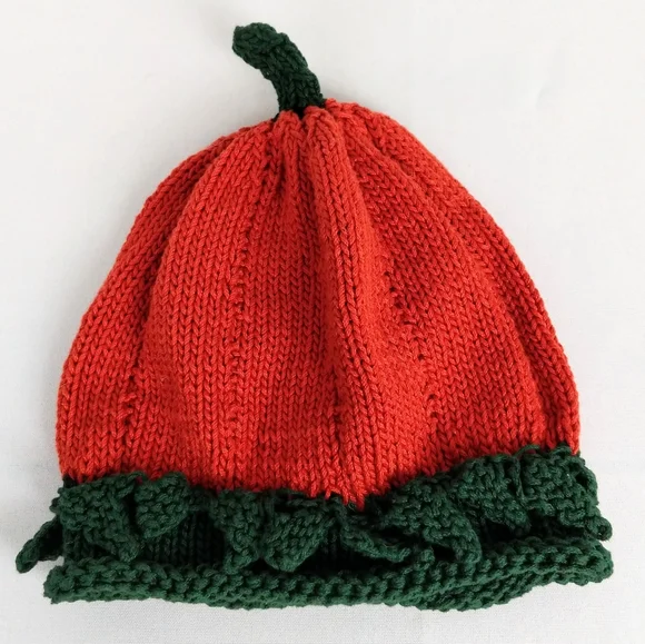 Kid's Hand Knit Hat Pumpkin Fairycore Halloween Stretchy Orange Green Naturecore