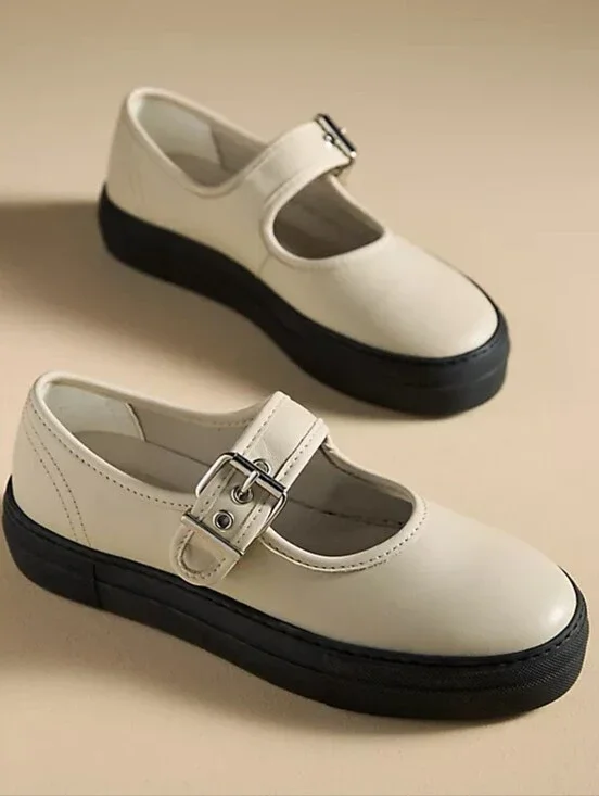 Anthropologie Maeve Bone Leather Buckle Platform Mary Jane Shoes 39/8 NEAR NEW