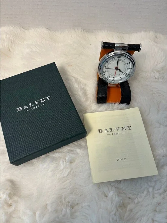 Dalvey Desk Clock with Black Carbon Fiber Leather Strap and Orange Interior