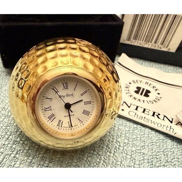 Vintage Bey‑Berk Golf Ball Desk Clock – Gold Tone –‎ Japan Quartz – Box
