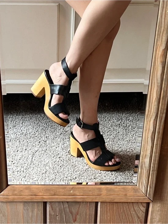 Black Leather Strappy Platform Sandals with Wood Heel