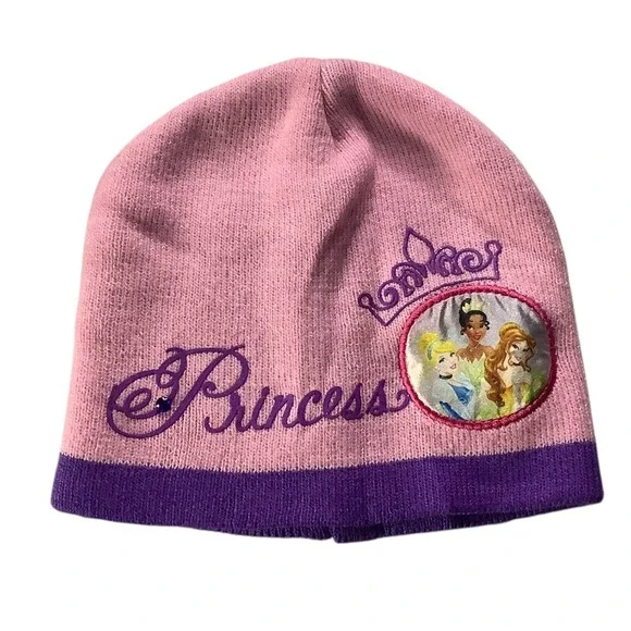 Disney Princess Girls Knit Beanie Hat Kid Size‎ Pink Purple Embroidered Crown