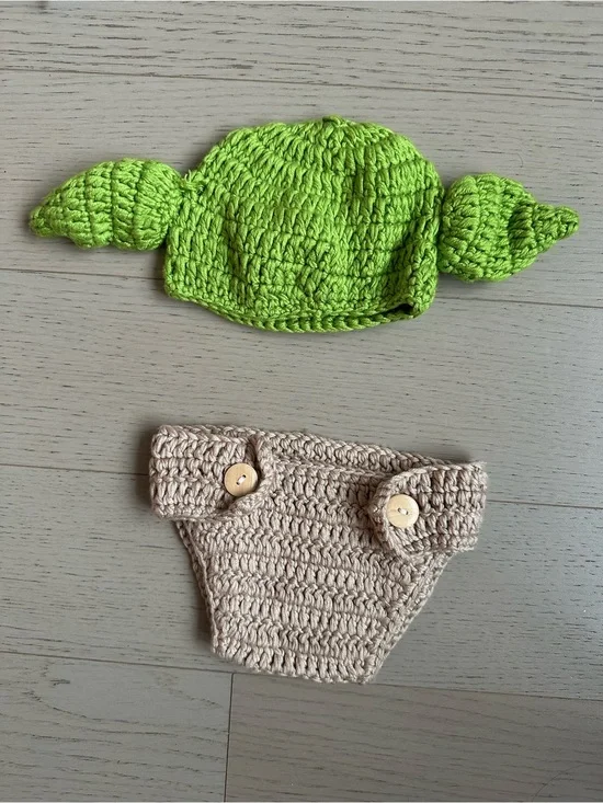 Handmade Green Crochet Baby Yoda Hat and Cream Diaper Cover Set
