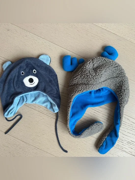 Cozy Blue & Gray Baby Earflap Hats - Bear + Moose