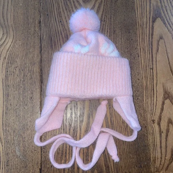 vintage winter hat with tie and earflaps pink with rabbits & tulips 0-3 month‎