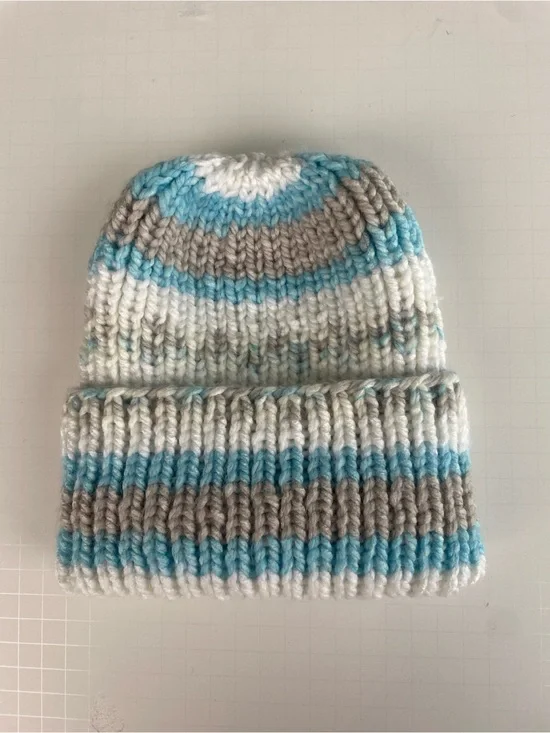 Kids Knit Beanie - Blue, White & Gray Stripes