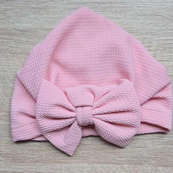 Baby Girl Pink Turban Hat Waffle Knit Big Bow Beanie Wrap Headband Sz 0-12M