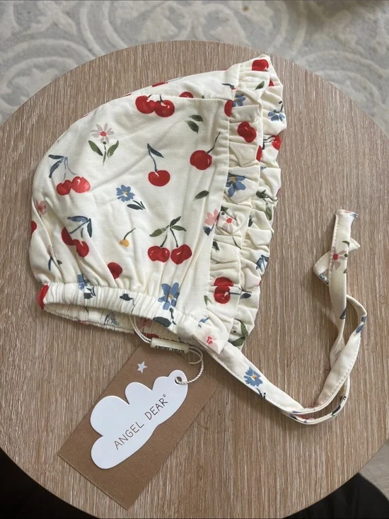 Angel Dear Cream Cherry & Floral Ruffle Bonnet NWT