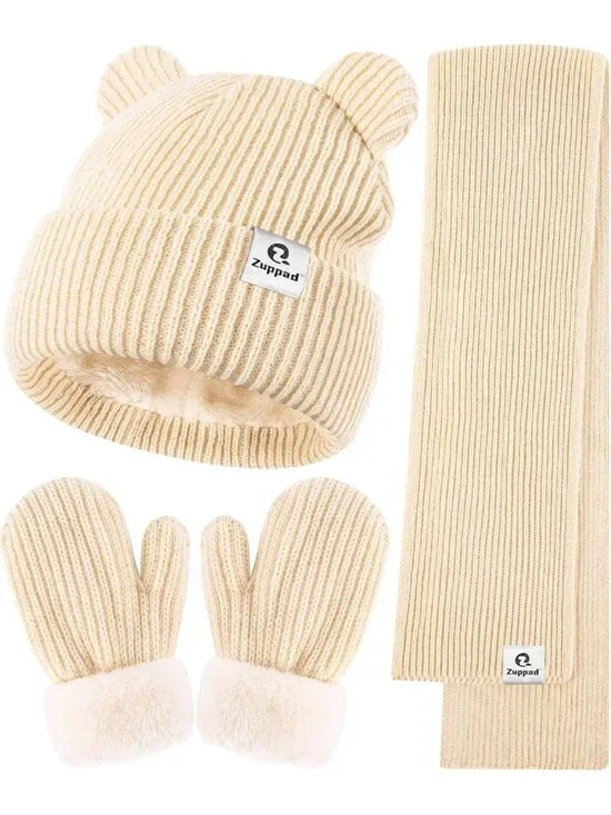 Cozy Baby Beanie, Mittens & Scarf Set - Toddler Winter Hat with Bear Ears