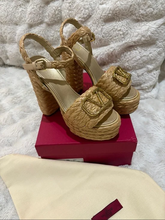 Valentino Garavani Tan raffia Braided Platform Sandals with Gold Buckle