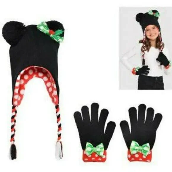 Disney Kid's Girl Red & Black Christmas Cold Weather Minnie Mouse Hat & …