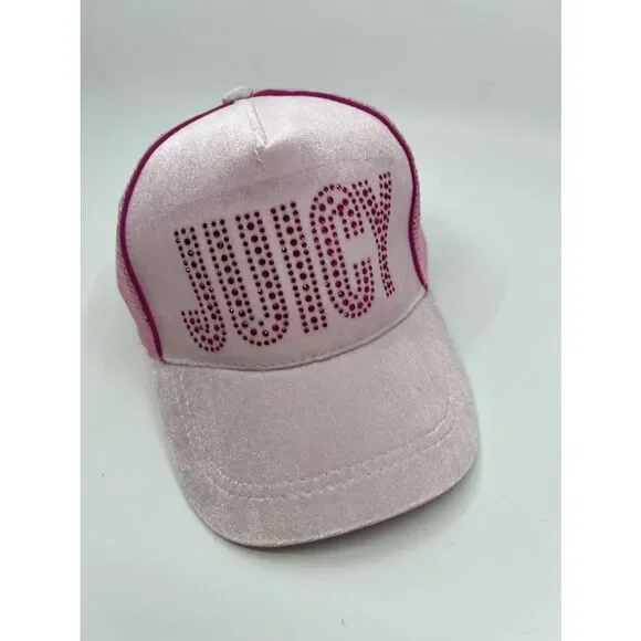 Juicy Couture Kid’s Baseball Cap Pink Velour with Jeweled Logo Trucker Mesh