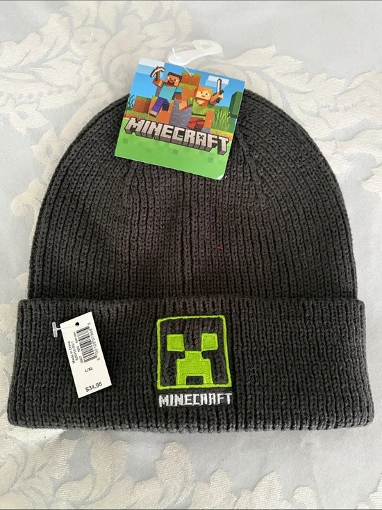Minecraft Kids' Knit Beanie Hat - Black with Green Creeper Accent, New L/XL