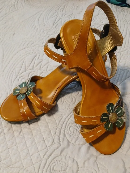 Tan Leather Sandals with Green Floral Accent