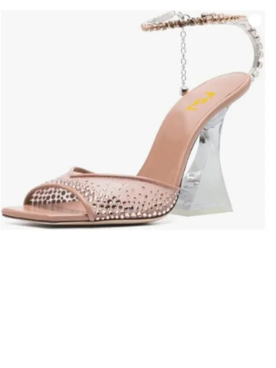 FSJ Pink Square Toe Rhinestone Wedding High Heel Clear Crystal Chain Sandals