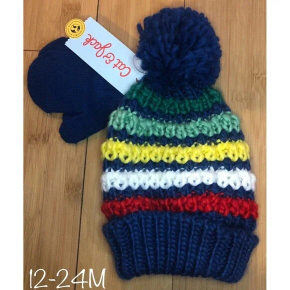 Cat & Jack Baby Boys Size 12-24M Beanie Hat & Mittens Multicolor Rainbow