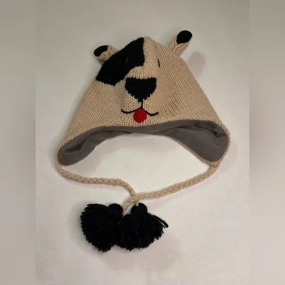 100% Wool Cute Dog Knit Hat with Ear Flaps