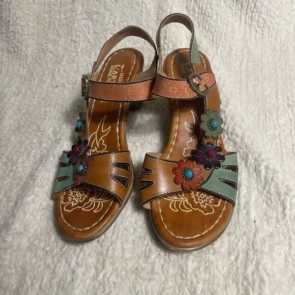 L'ATISTE by Spring Step Yovela multi color Floral Sandals block heels SZ42 US10