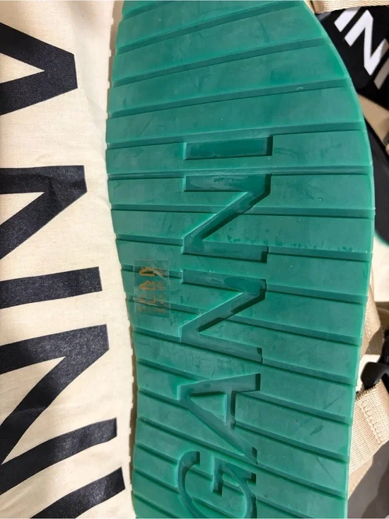 Ganni Beige Webbing Sandals with Black Footbed and Teal Sole