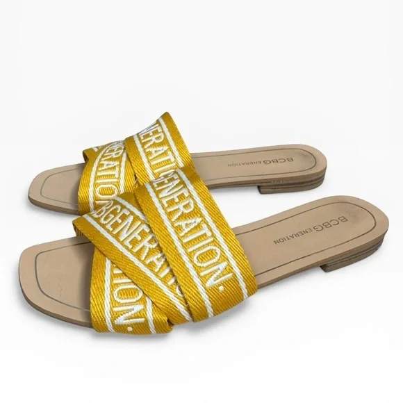 BCBGeneration Kala Yellow Logo Slide Sandals Flat Strappy Size 7.5 Casual