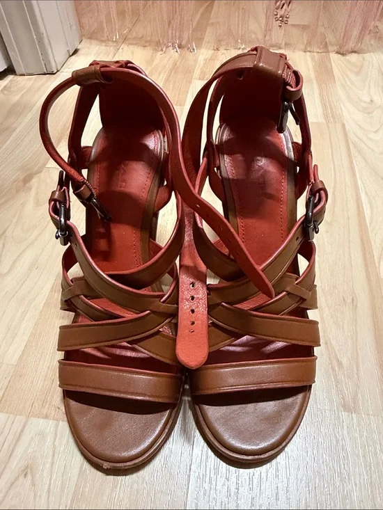Coach Two-Tone Brown and Red Strappy Leather Sandals Preloved