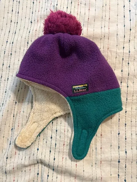 Vintage L.L. Bean Fleece Lined Color Black Winter Baby Hat Beanie Purple Green
