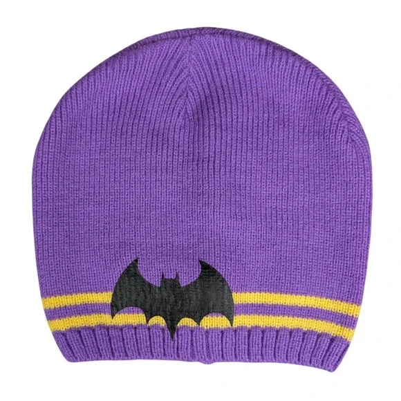 DC Comics Batman Purple Knit Beanie Hat Black‎ Bat Logo Yellow Stripes Kids