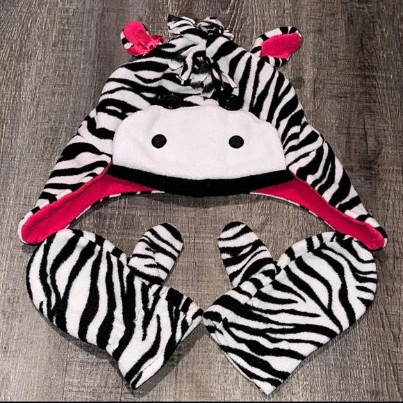 Toddler Girls Size 2T - 4T 3-Piece Zebra Fleece Hat & Mittens Set