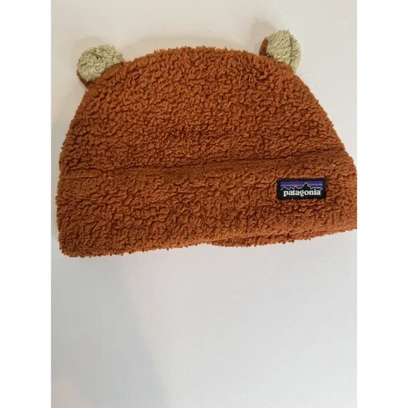 Patagonia Hat Cap Fitted Kids Small‎ Brown Sherpa Fleece Bear Ears Cozy Winter