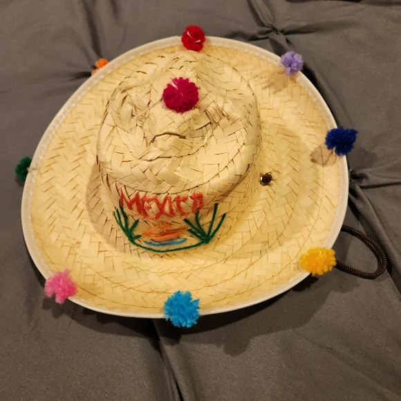 Kids Handmade Mexican Straw Sombrero | Colorful Pom Poms & Embroidery