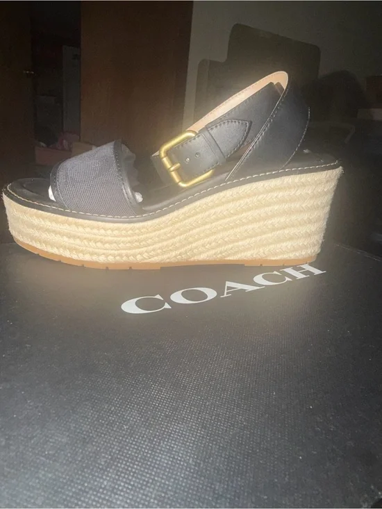 Coach Black and Tan Espadrille Wedge Sandals with Gold Buckle