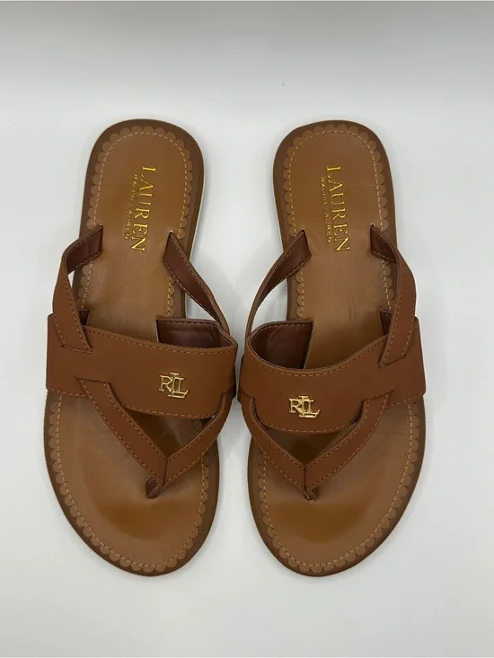 Lauren Ralph Lauren Tan Leather RL Logo Thong Sandals