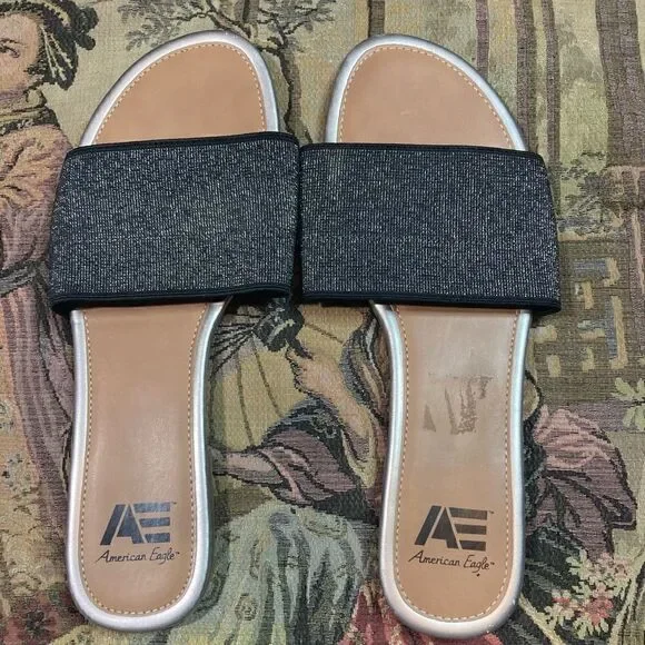 Black and Silver Stretchy American Eagle Sandals