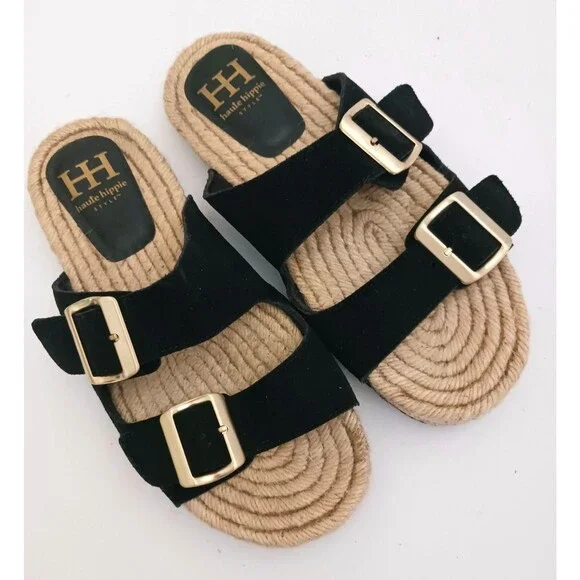 NEW Haute Hippie Blk Suede Straps Gold Buckle Flat Espadrille Slides 8.5M