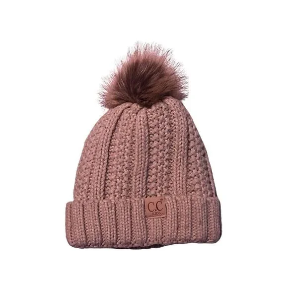 New CC Girls' Cable Knit Fur Pom Pom Beanie Mauve Pink