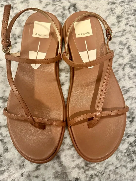Dolce Vita Tan Leather Minimalist T-Strap Sandals