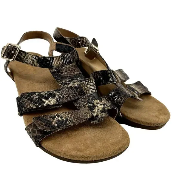 Vionic Glenda Orthaheel Sandals Snakeskin Strappy Wedge Leather Brown Black US 8
