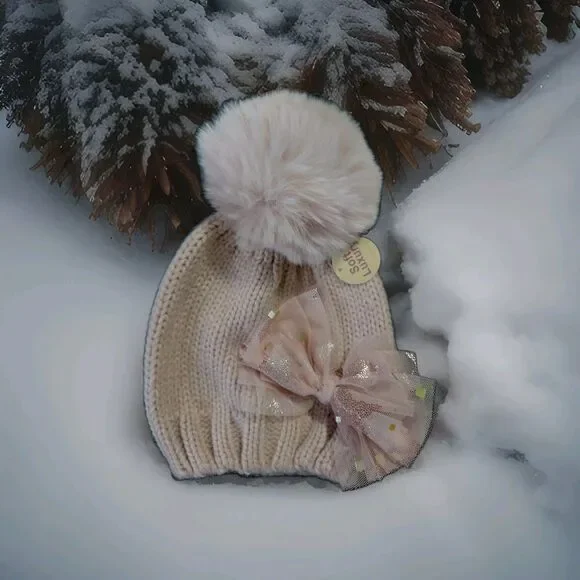 Toddler WINTER HAT, PINK, Metallic Bow,Faux Fur Puff, Winter , Toddler NEW