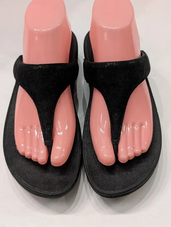 FitFlop Women's 7 Shimmery Black Suede Platform Comfort Flip Flops Sandals D2