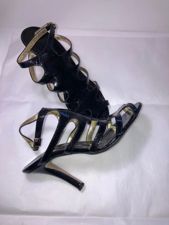 Walter Steiger S6 High Heel “Strappy” Black Patent Gold Buckle Sandals