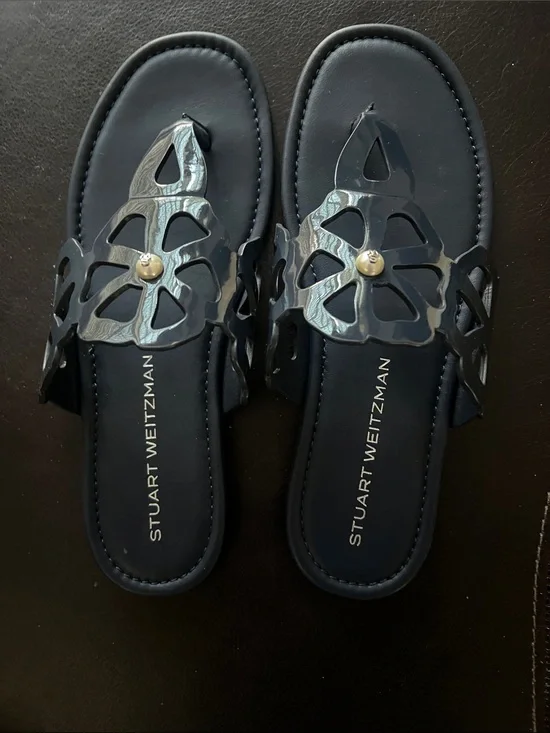 Stuart Weitzman Navy Decorative Cutout Slide Sandals